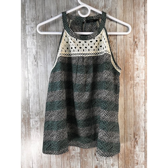 THML‎ Top Womens Small Green Beige Striped Eyelet Neckline Keyhole Sleeveless - Picture 1 of 9